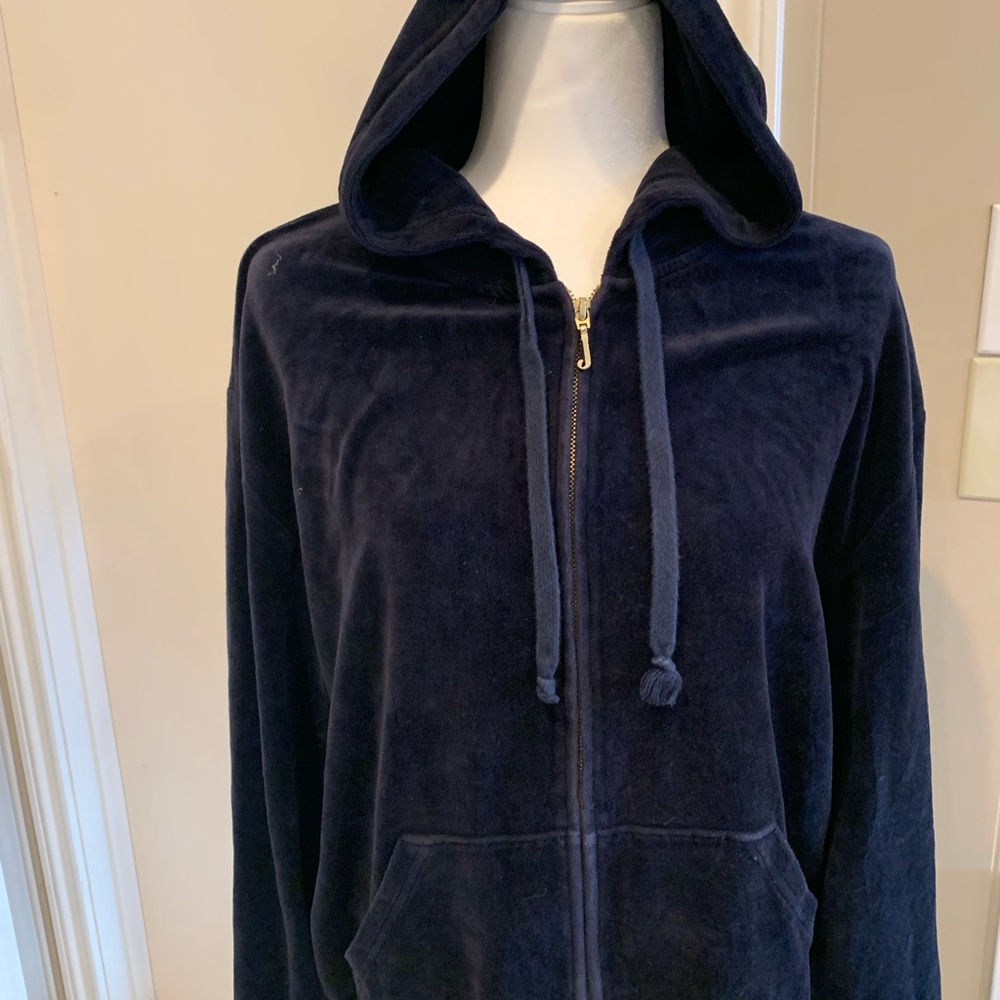 JUICY COUTURE Navy Velour Zip-up Hooded Jacket with Monogram - xl
